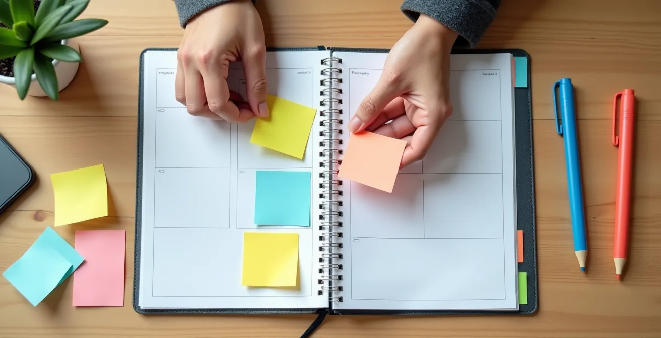 Gros plan sur des mains organisant un calendrier papier avec des marqueurs colorés