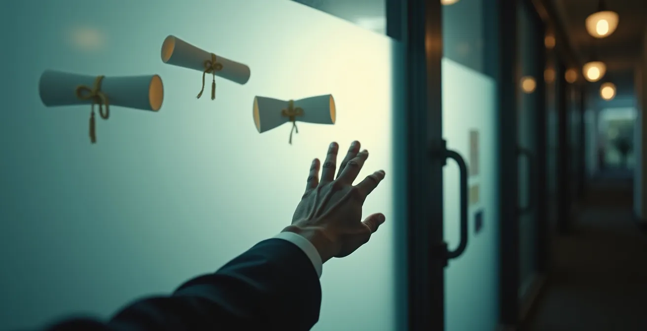 Main tentant d'atteindre une porte en verre dépoli représentant l'accès aux ordres professionnels avec des certificats flottant en arrière-plan