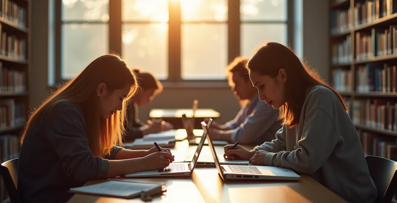 Espace de bibliothèque universitaire calme avec étudiants concentrés sur leur travail