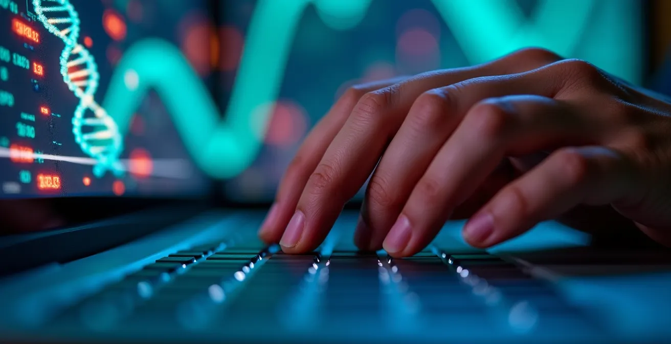 Bioinformaticien analysant des données génomiques sur plusieurs écrans dans un laboratoire montréalais