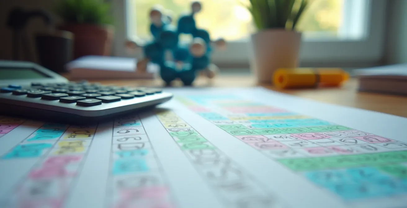 Table d'étude avec calculatrice et grille de cours du Cégep pour planification stratégique