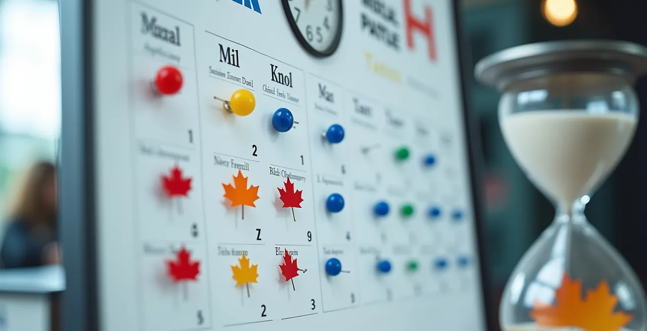 Calendrier symbolisant la gestion des délais administratifs pour le CAQ et le permis d'études.