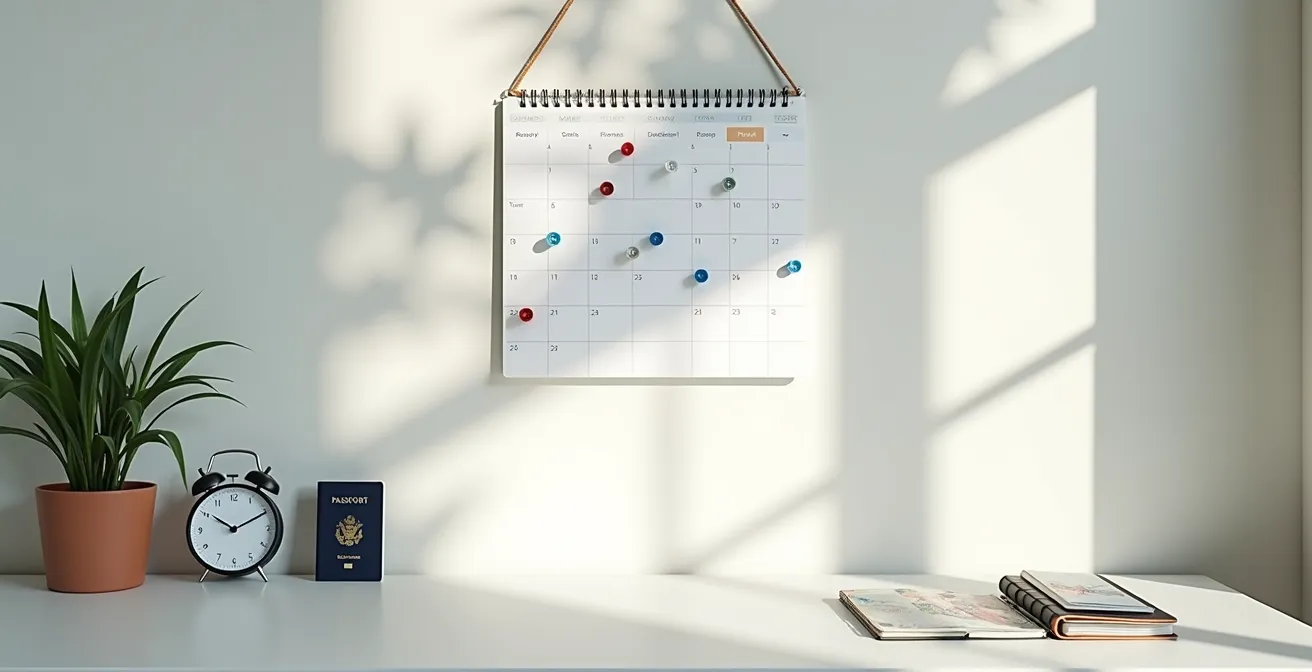 Calendrier mural avec épingles colorées marquant les périodes d'alternance entre le Québec et la France