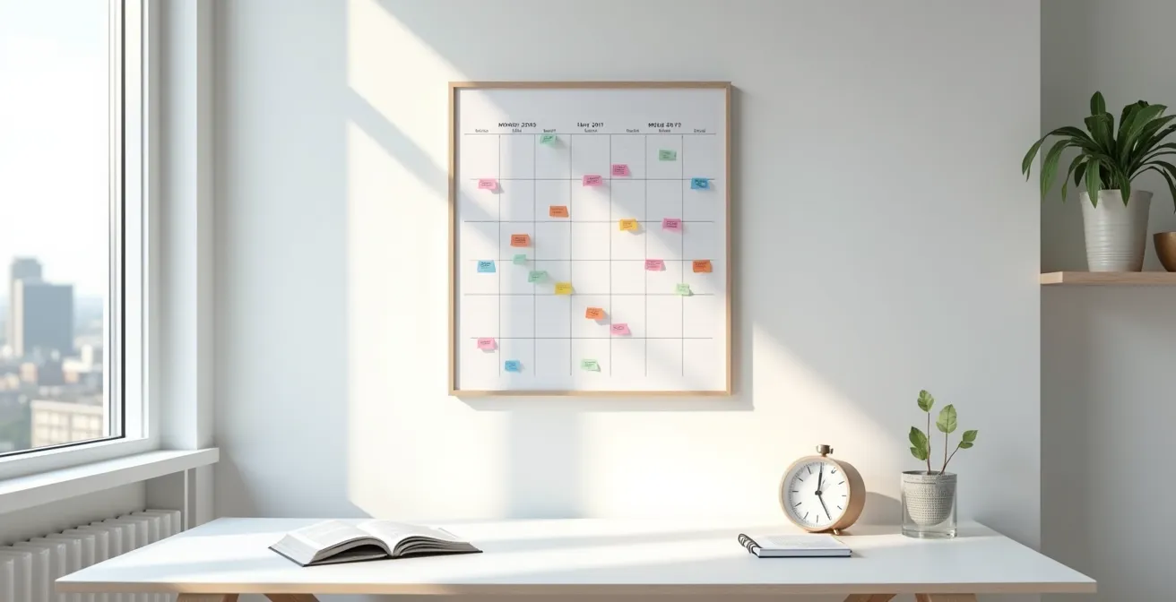 Calendrier mural avec dates importantes marquées dans un espace d'étude