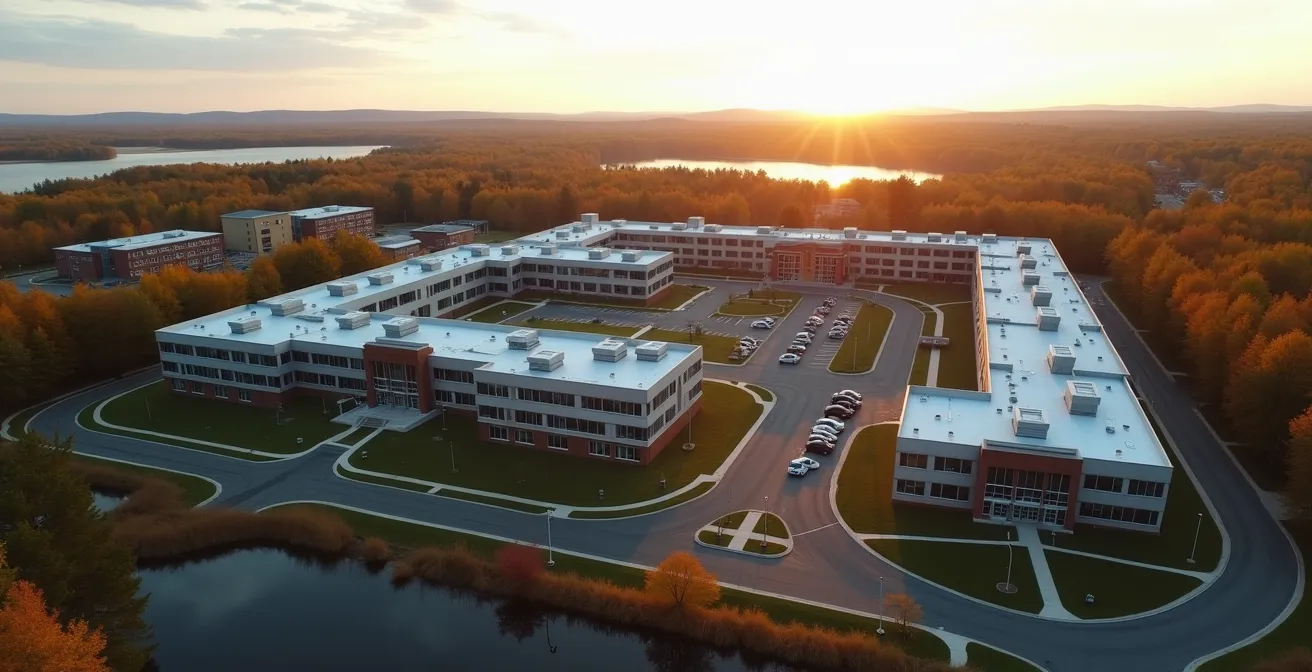Vue aérienne d'un campus universitaire régional québécois entouré de nature