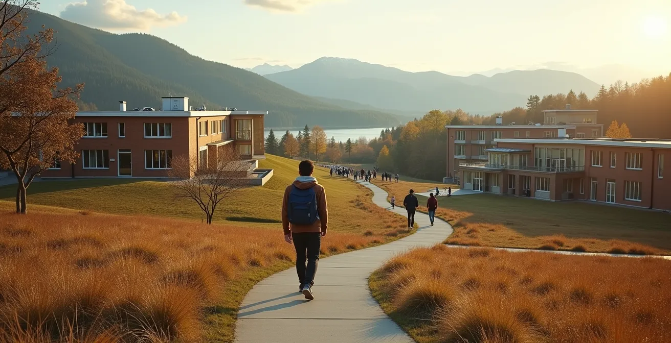 Vue panoramique d'un campus universitaire en région québécoise entouré de nature