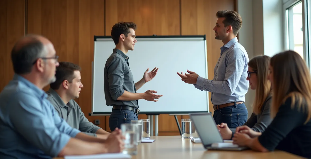 Chercheur présentant son projet de recherche devant un jury multidisciplinaire dans une salle de conférence