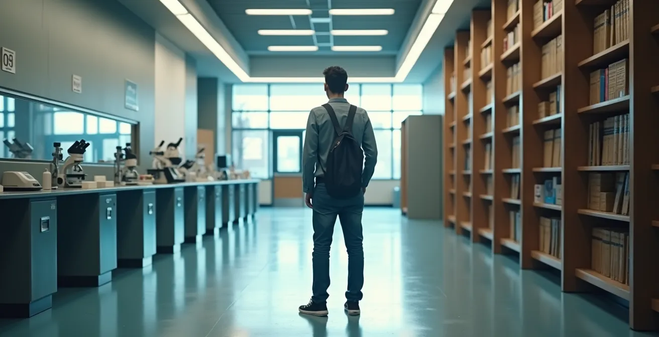 Étudiant au Cégep face à deux chemins symbolisant Sciences de la nature et Sciences humaines