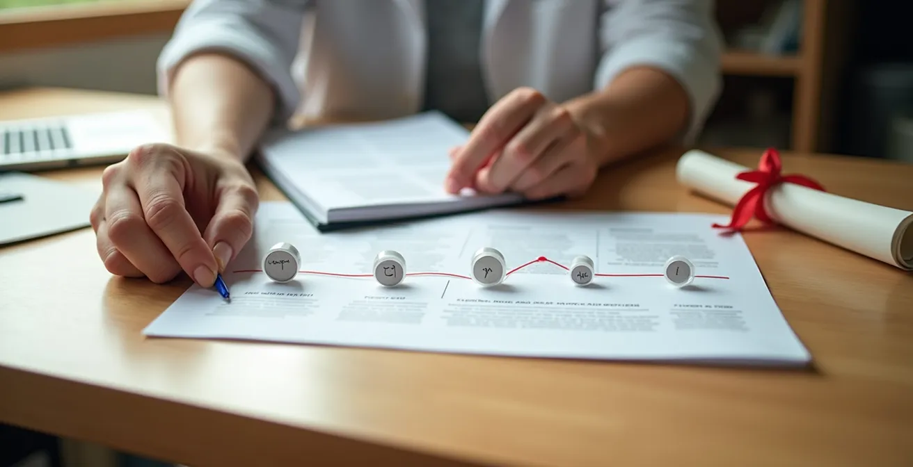 Ligne du temps illustrant le parcours de publication d'un étudiant du baccalauréat au doctorat