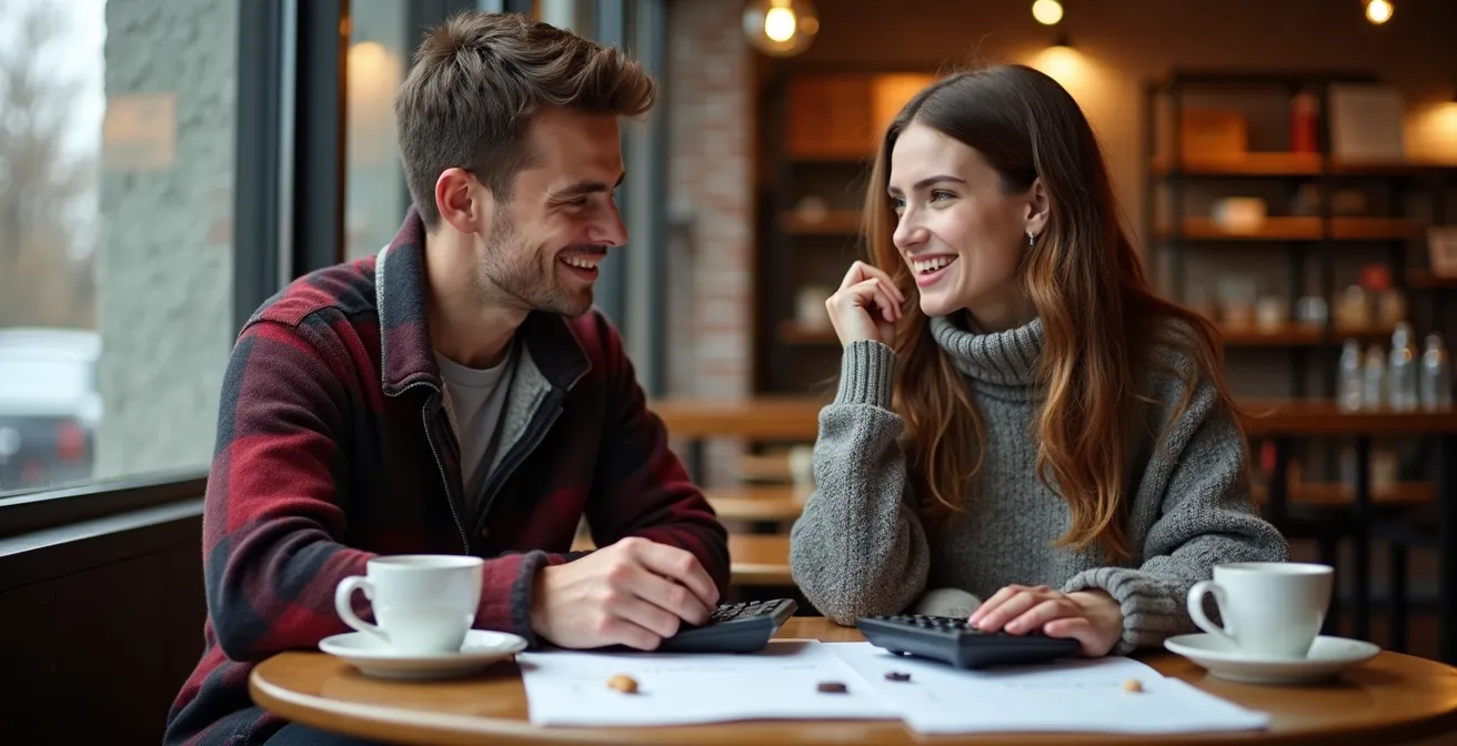 Deux étudiants comparant leurs budgets dans un café québécois avec calculatrice