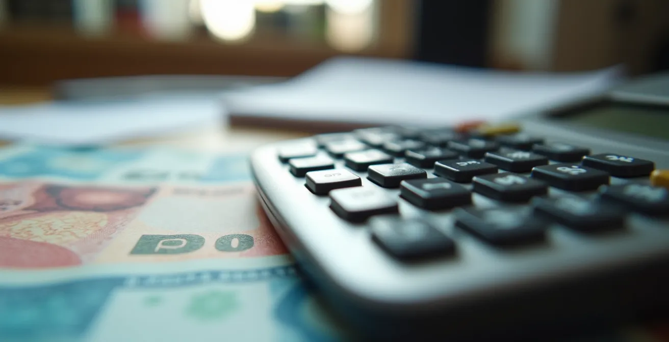 Calculatrice et documents financiers sur bureau d'étudiant avec graphiques de budget