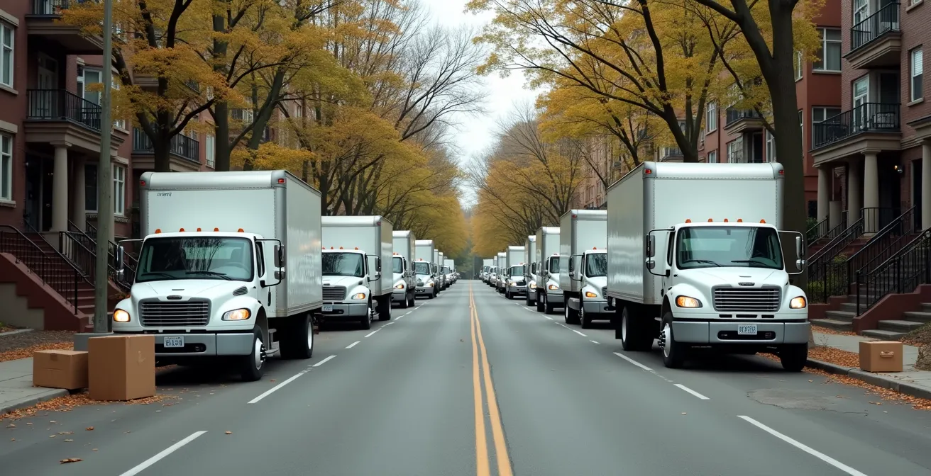 Vue large d'une rue de Montréal bondée de camions de déménagement le 1er juillet