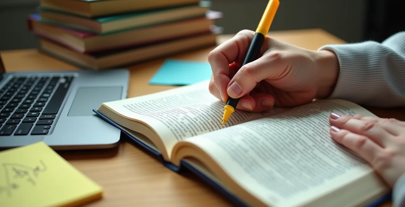 Gros plan sur les mains d'un étudiant consultant des livres avec notes manuscrites et ordinateur portable fermé