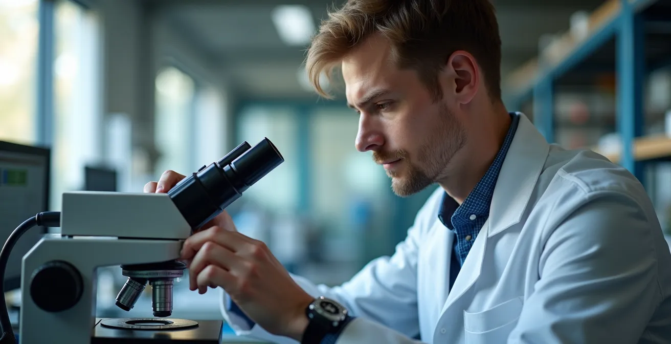 Chercheur doctoral travaillant dans un laboratoire industriel moderne à Montréal