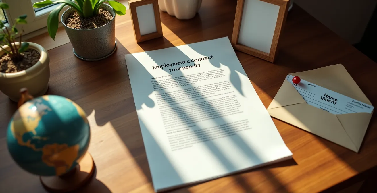 Bureau organisé avec documents officiels, contrat d'emploi et photos de famille disposés méticuleusement