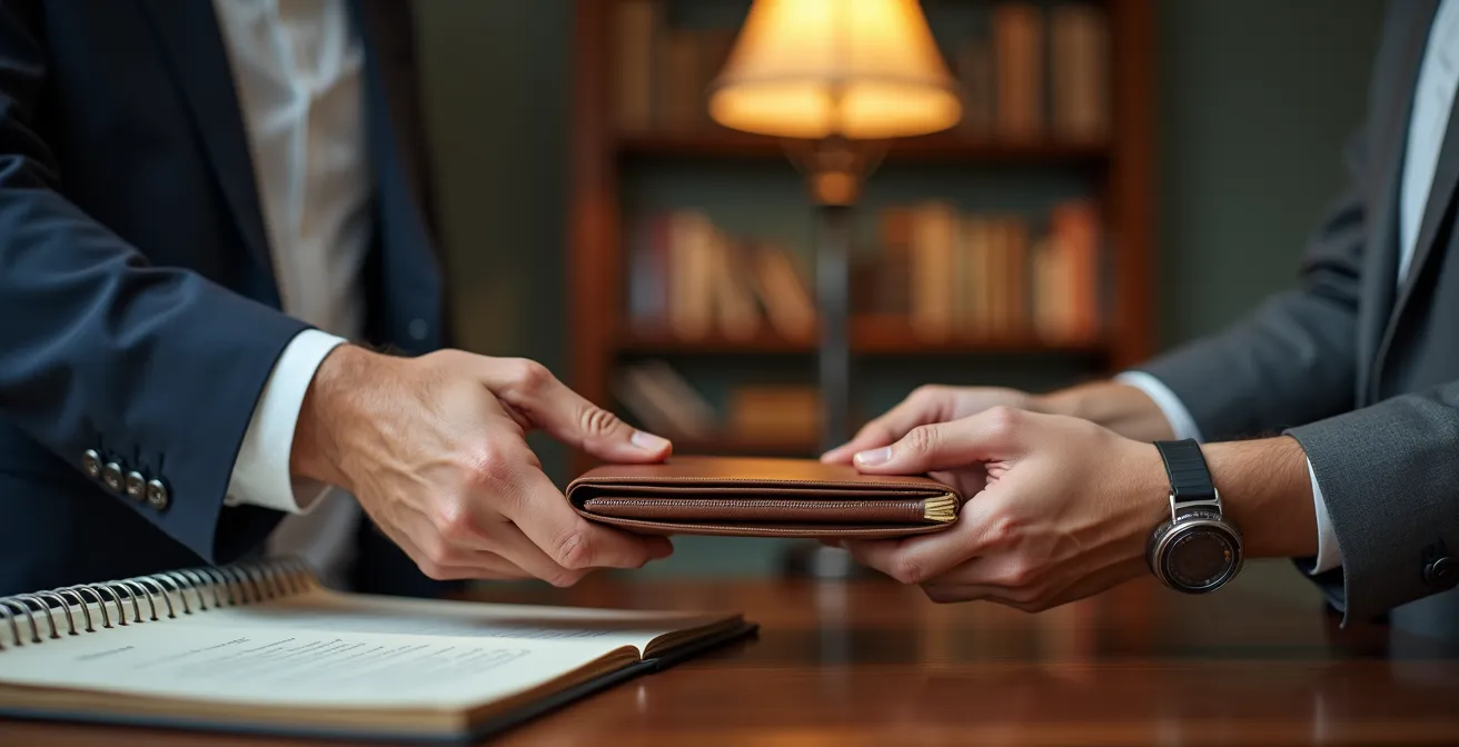 Mains échangeant un document professionnel dans un bureau académique avec éléments de recherche en arrière-plan