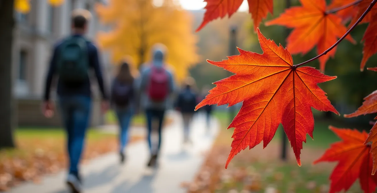 Groupe d'étudiants diversifiés marchant entre les pavillons universitaires en automne