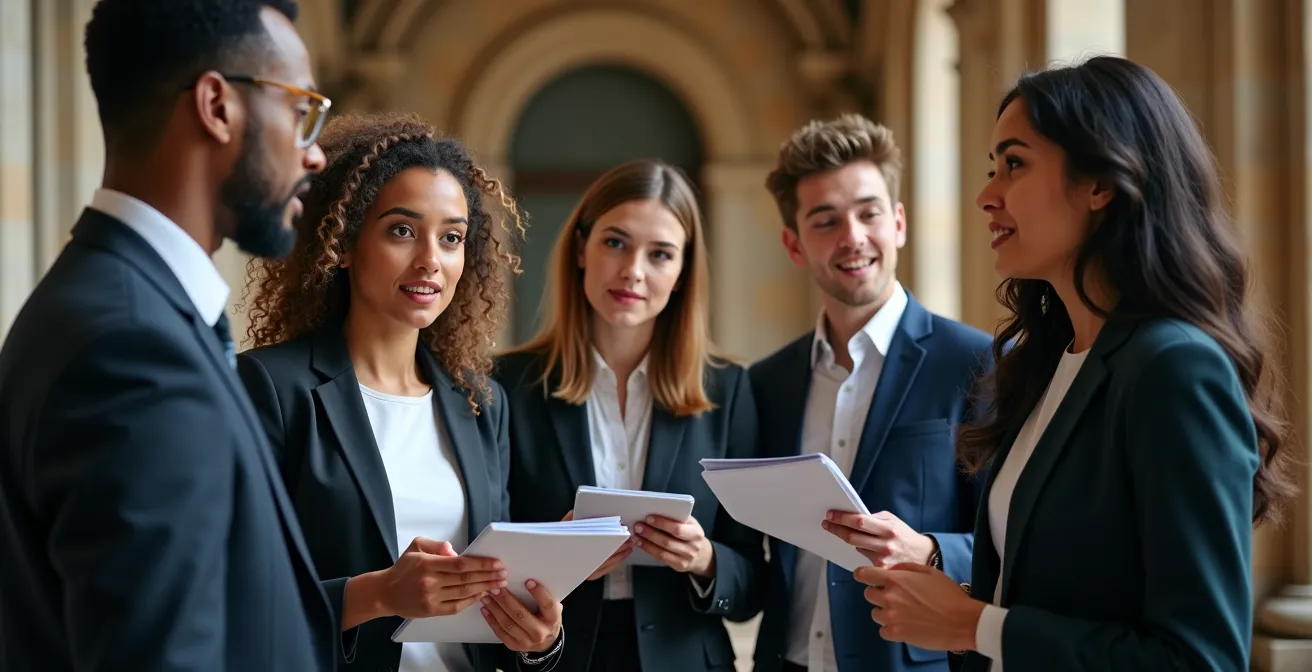 Groupe d'étudiants en tenue professionnelle dans un hall universitaire historique se préparant pour des entrevues