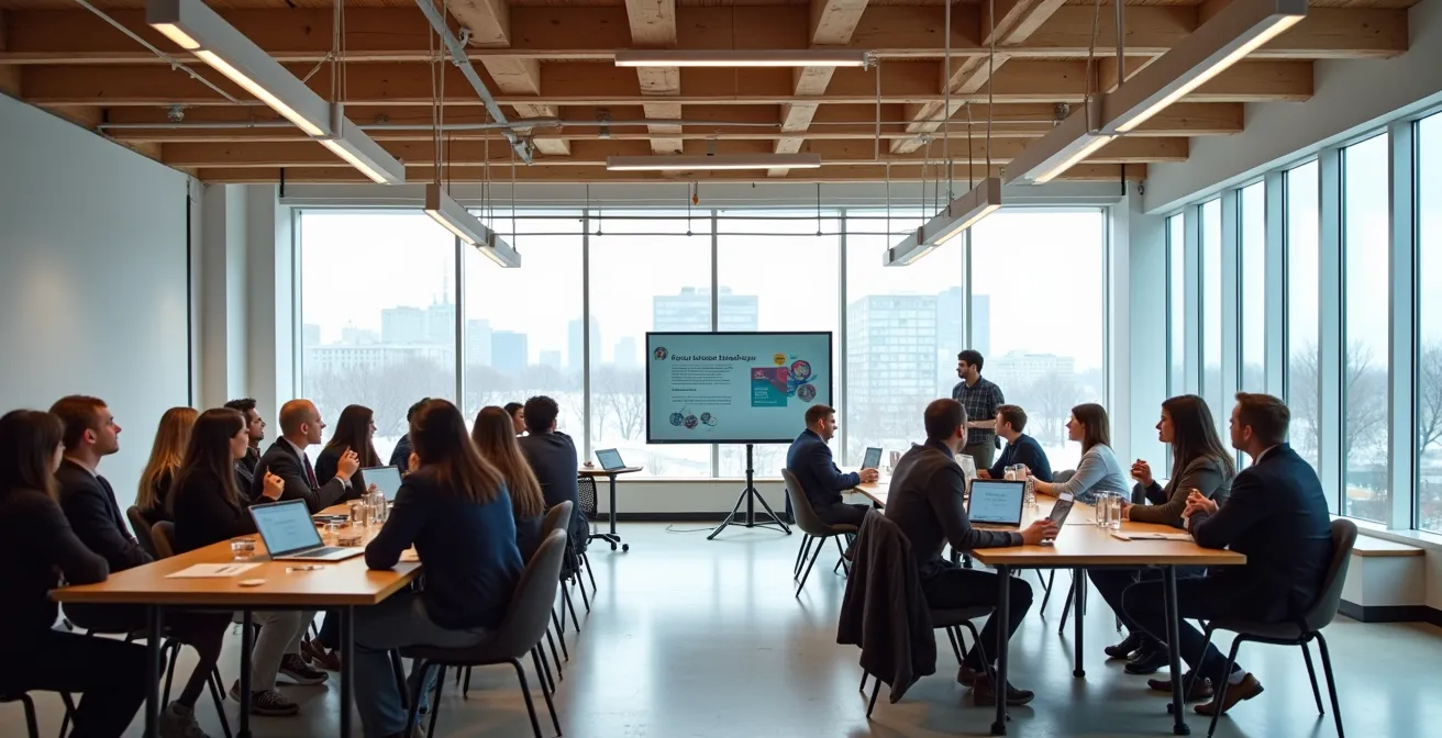 Étudiants québécois présentant leur projet technologique propre à des investisseurs dans un incubateur universitaire