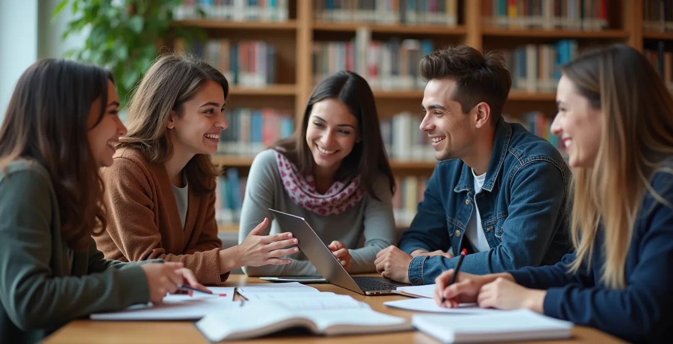 Groupe d'étudiants internationaux et québécois travaillant ensemble dans une bibliothèque moderne