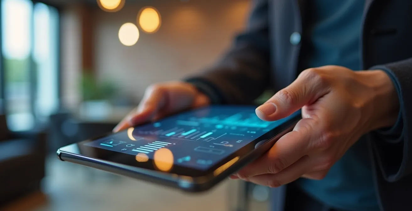 Professionnel consultant son portfolio de formation sur une tablette dans un espace de coworking moderne québécois