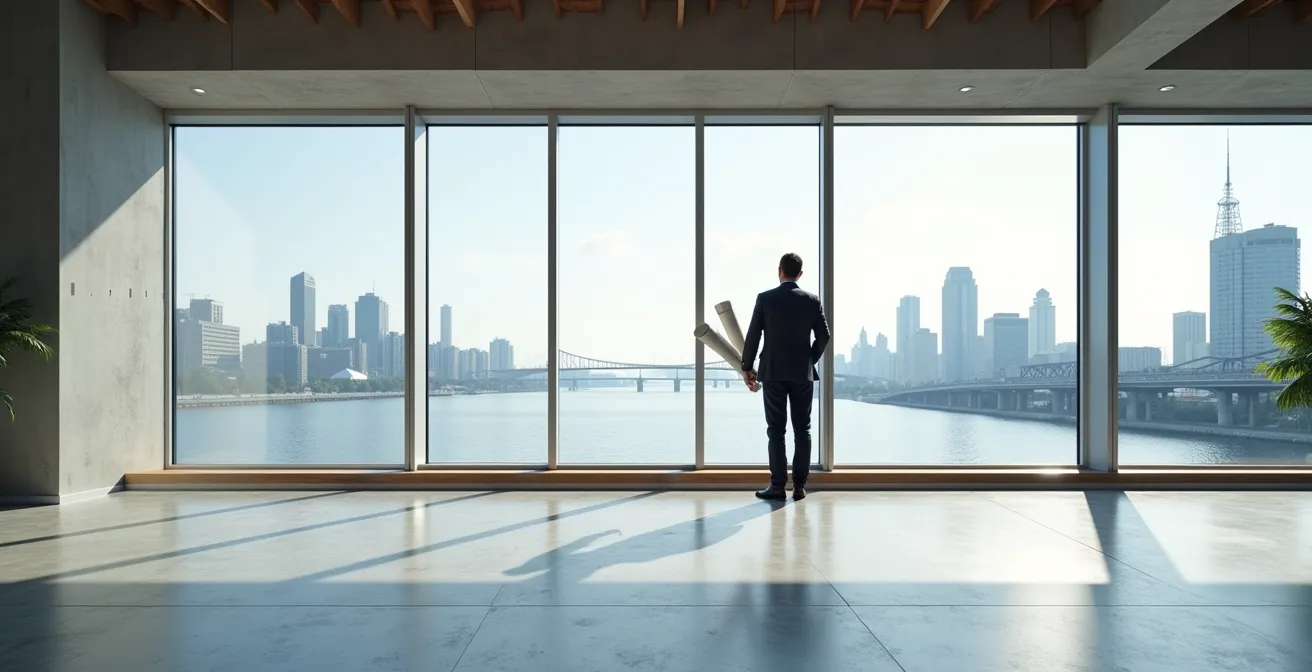Ingénieur français examinant des plans techniques dans un bureau moderne de Montréal avec vue sur le fleuve Saint-Laurent