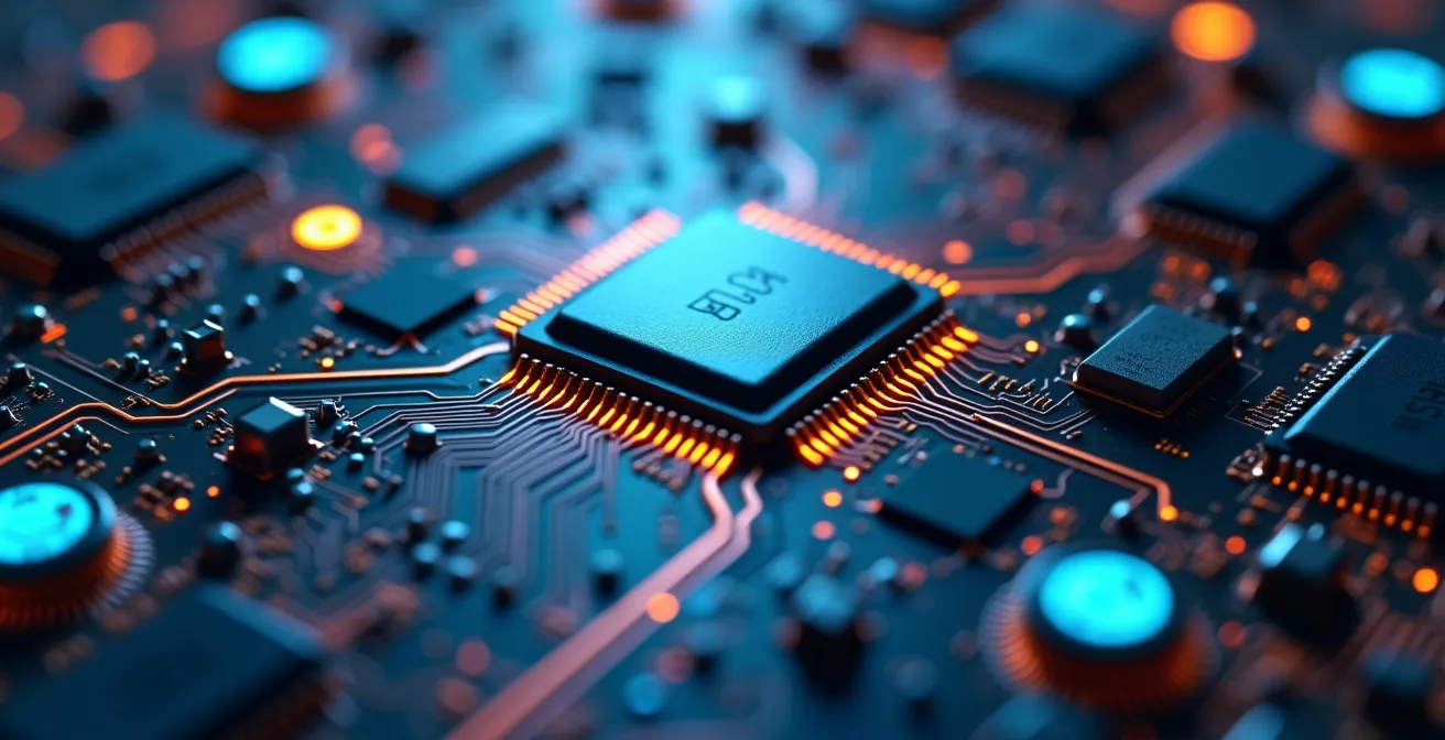 Vue macro d'un circuit imprimé avec des composants électroniques représentant l'infrastructure technologique de l'IA