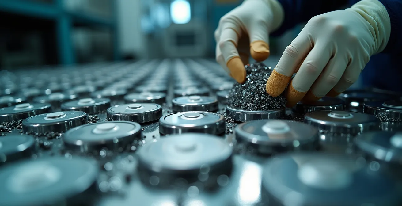 Installation de recyclage de batteries lithium-ion avec chercheurs québécois analysant des échantillons