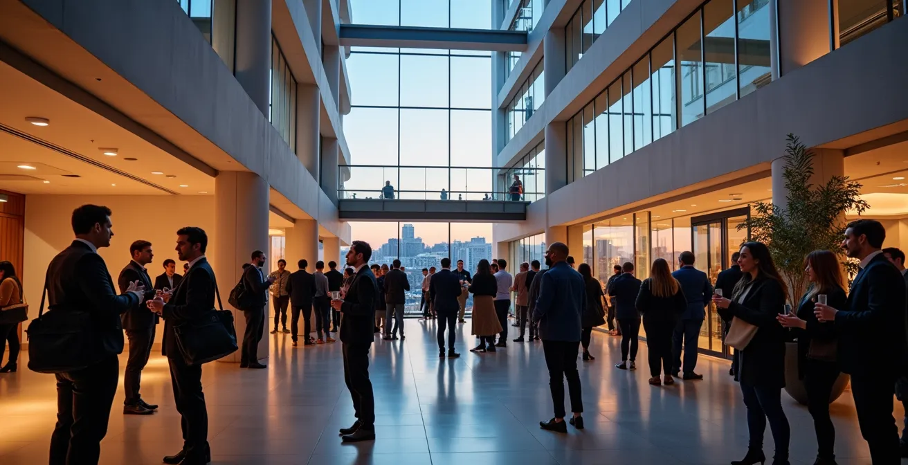 Vue large d'un événement de réseautage dans un atrium universitaire moderne avec professionnels et étudiants