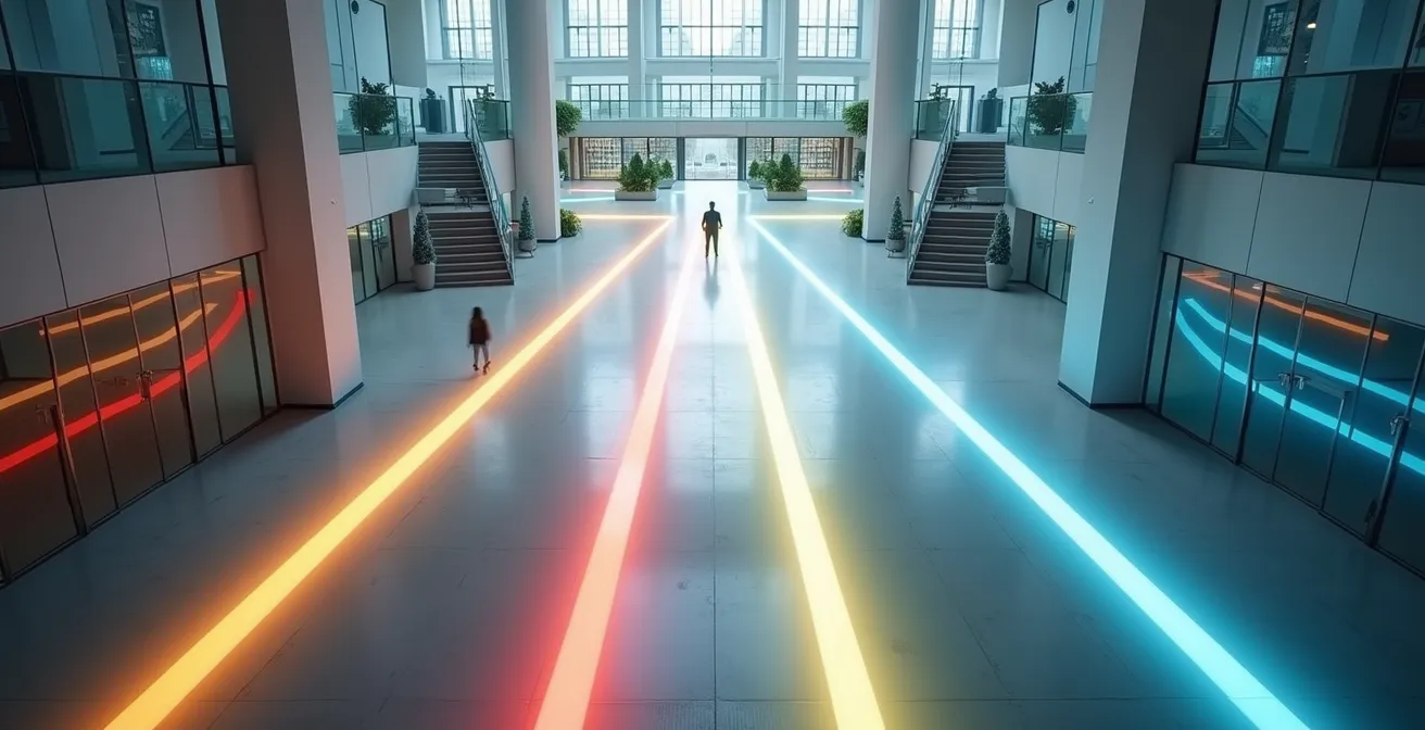 Vue aérienne de trois chemins convergeant vers un point central lumineux dans un espace de bureau moderne