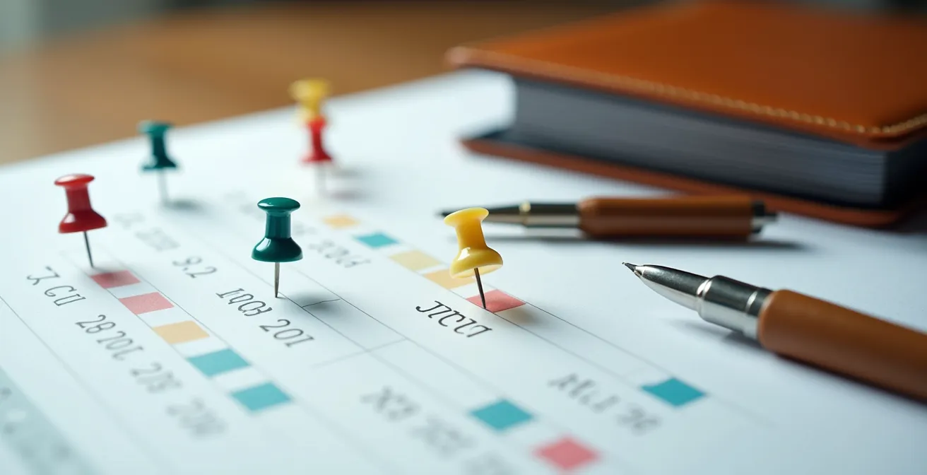 Vue macro d'un calendrier avec des épingles colorées marquant les étapes clés de la recherche d'emploi international