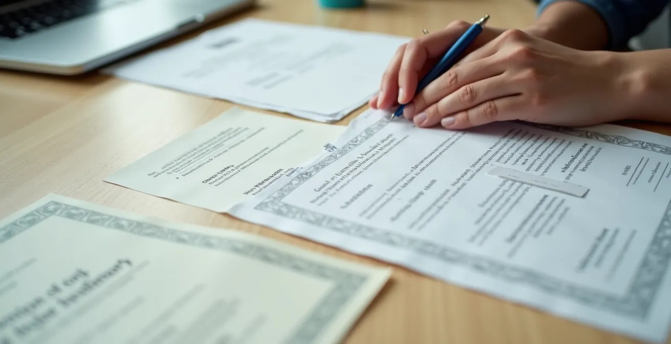 Organisation méthodique de documents et preuves de compétences sur une table de travail