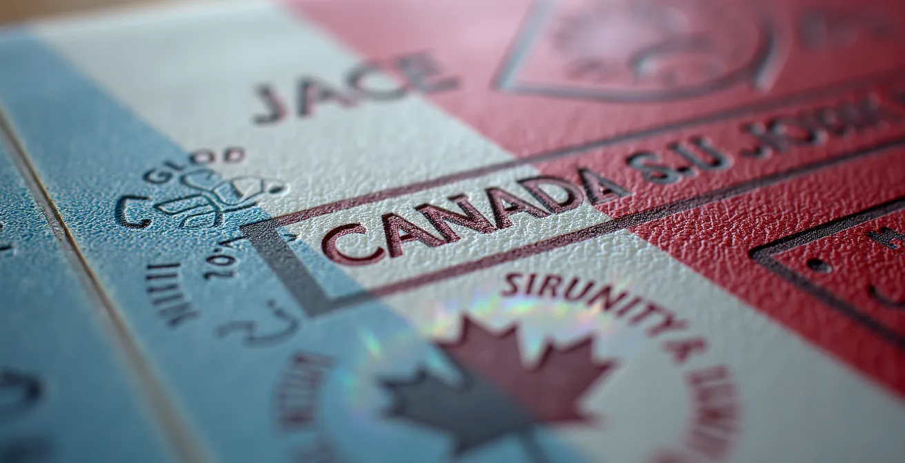 Passeport avec tampons d'immigration, symbolisant le contrôle au point d'entrée canadien.