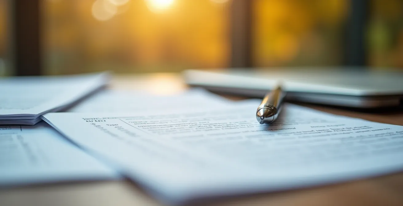 Vue macro de documents de candidature FRQ organisés sur un bureau avec stylo et ordinateur portable fermé