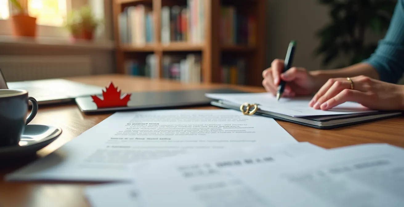 Bureau organisé avec documents d'admission universitaire, ordinateur portable et fournitures de bureau