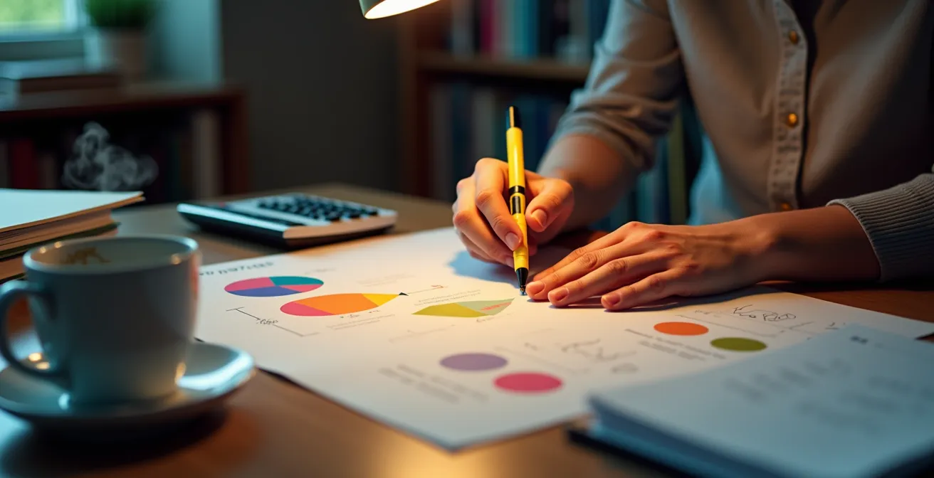 Bureau organisé avec dossiers de candidature pour bourses FRQ et notes stratégiques