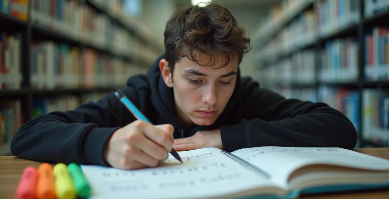Étudiant concentré en période de révision intensive au cégep
