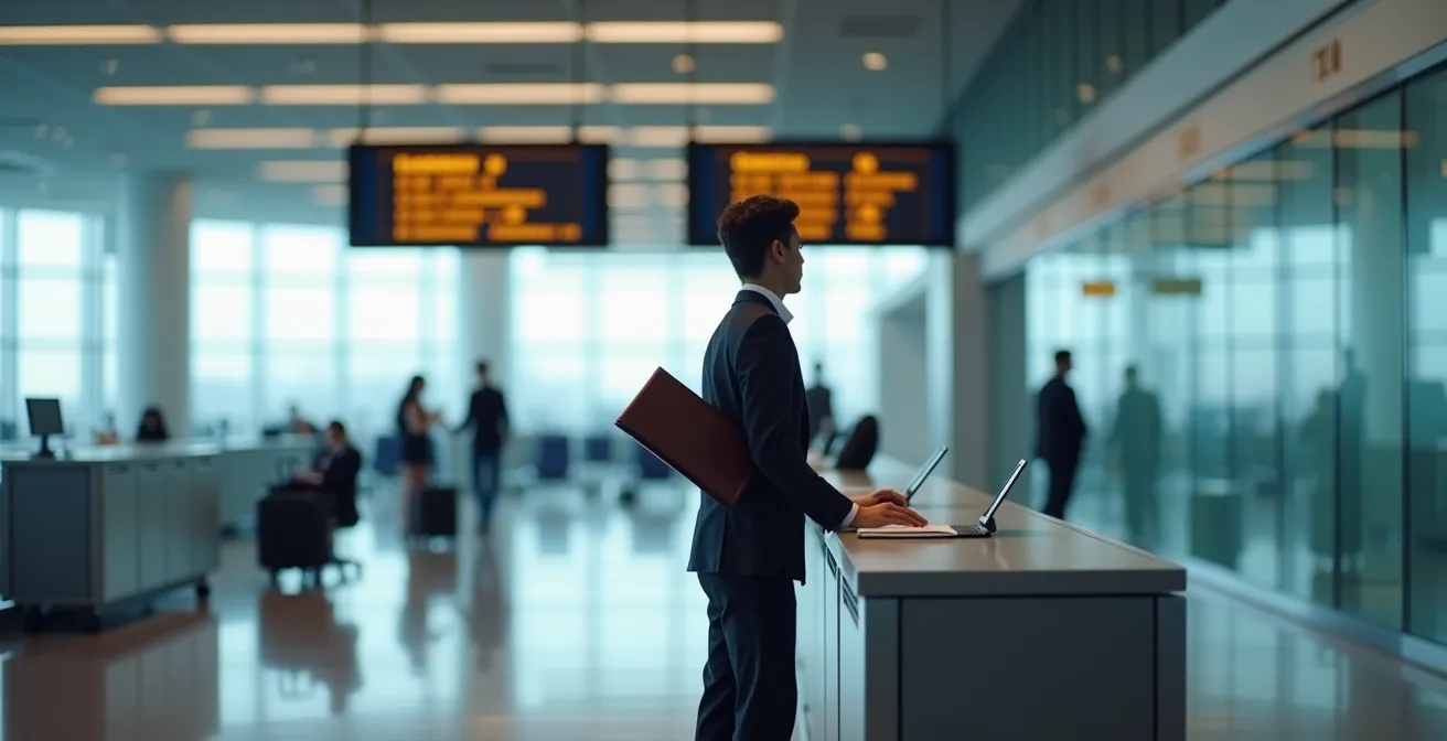 Professionnel québécois présentant ses documents à un agent frontalier dans un environnement d'aéroport moderne