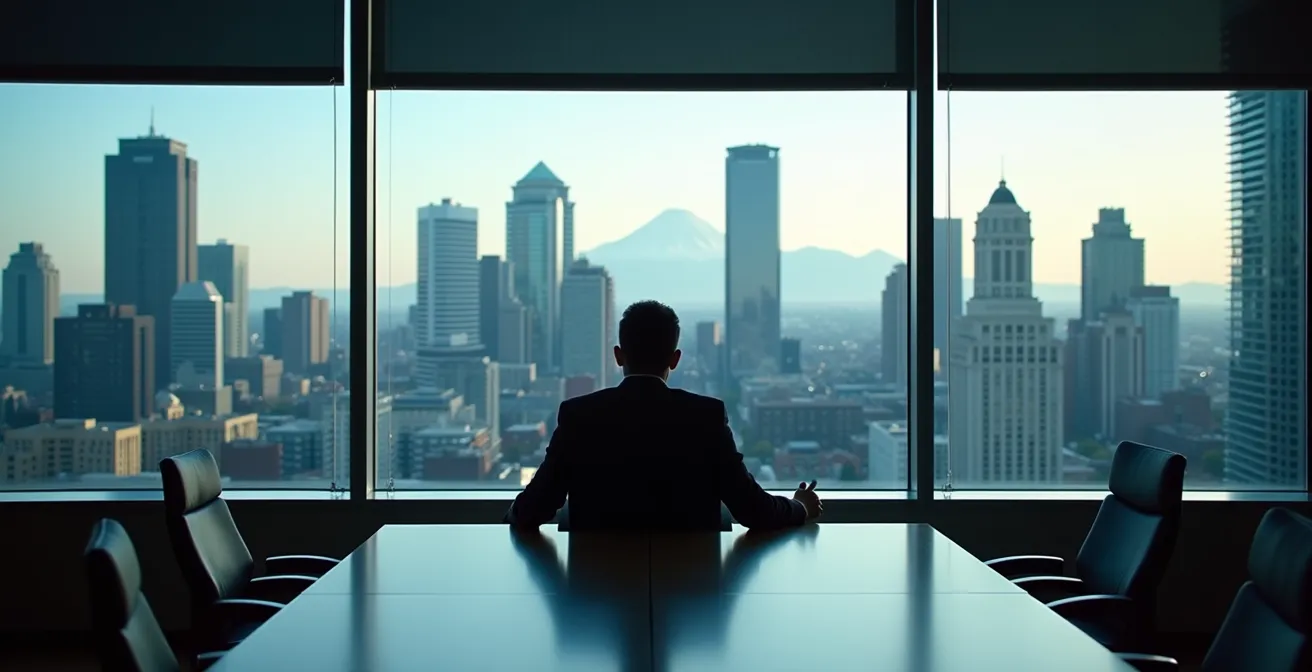 Professionnel montréalais consultant son réseau professionnel dans un bureau moderne du centre-ville