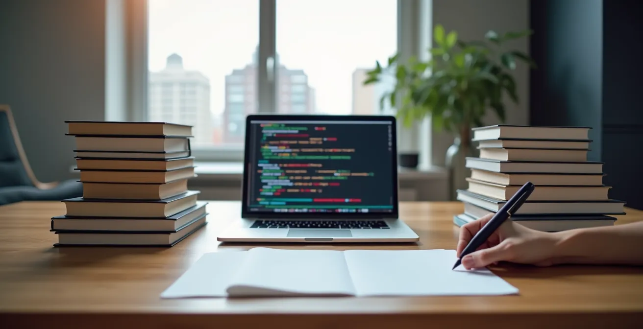 Bureau moderne montréalais avec livres de philosophie et écrans de code en arrière-plan flou