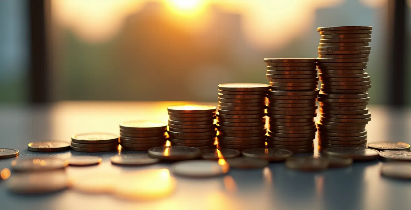 Gros plan sur des pièces de monnaie canadiennes empilées en progression ascendante avec reflet de lumière dorée