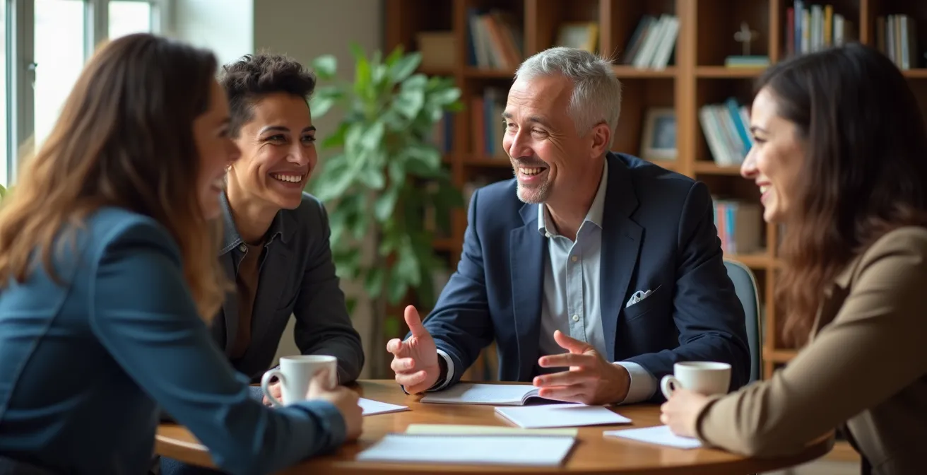 Professeur et étudiants en discussion décontractée autour d'une table ronde dans un bureau universitaire lumineux