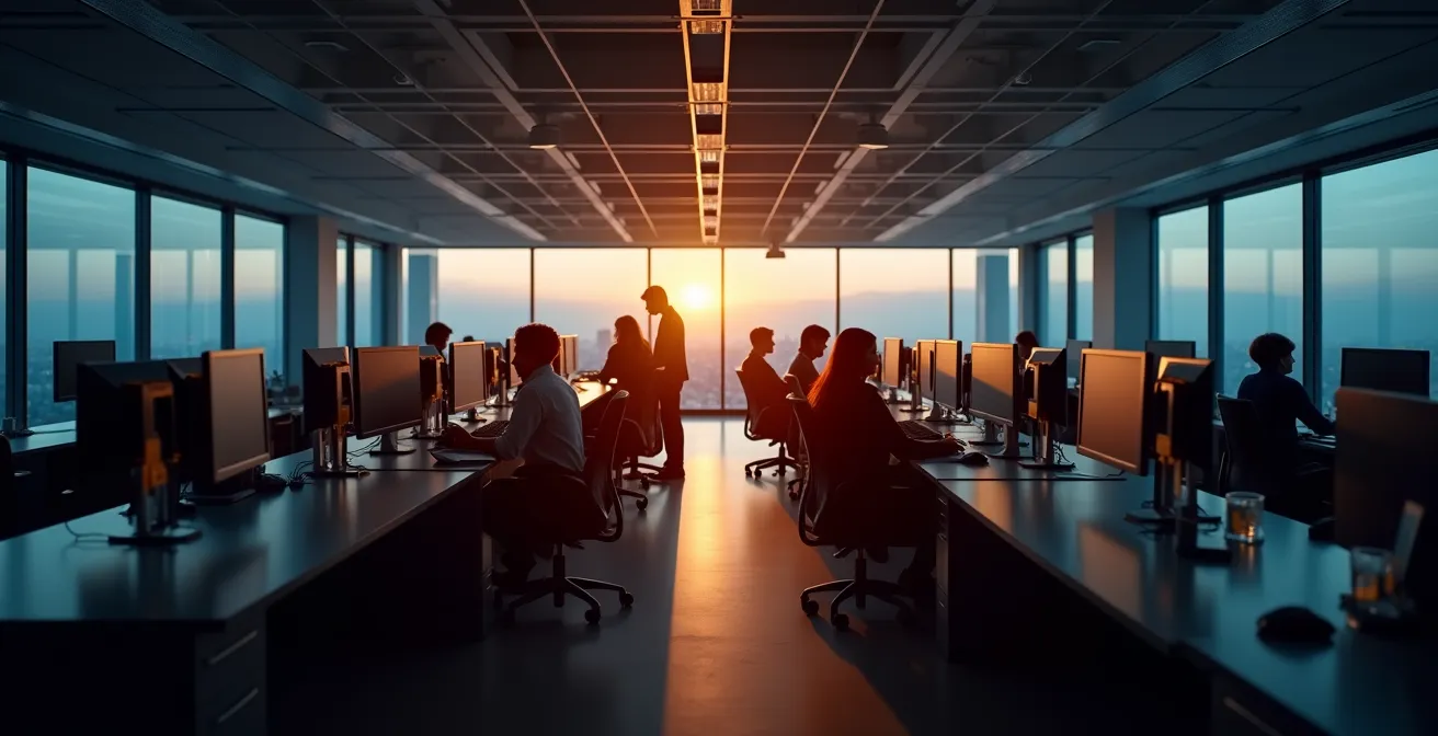 Vue large d'un centre d'appels moderne avec postes de travail espacés et lumière naturelle