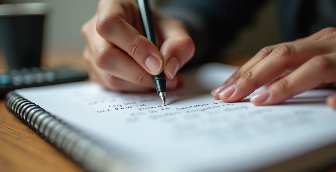 Vue macro détaillée de mains d'étudiant annotant des notes de cours avec stylo sur cahier spiralé