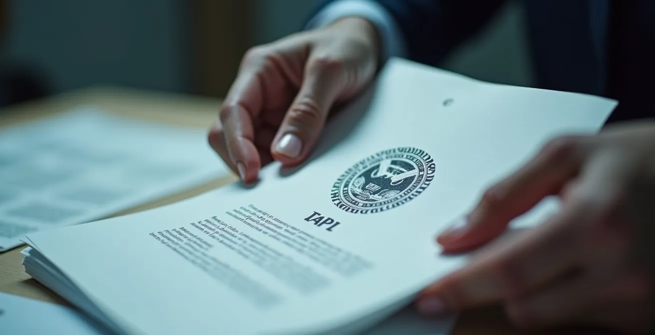 Gros plan sur des mains examinant des documents officiels avec tampon et sceau
