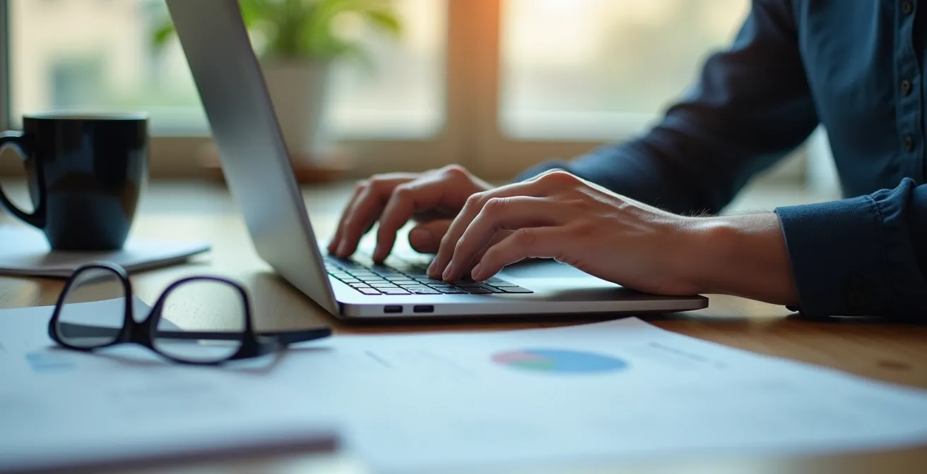 Personne vérifiant la liste des établissements désignés sur un écran d'ordinateur avec des documents officiels sur le bureau