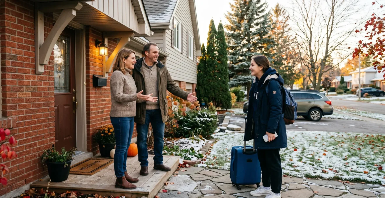 Famille d'accueil canadienne souriant et saluant de la main un lycéen international avec sac à dos et valise à l'entrée de leur maison résidentielle en climat froid canadien