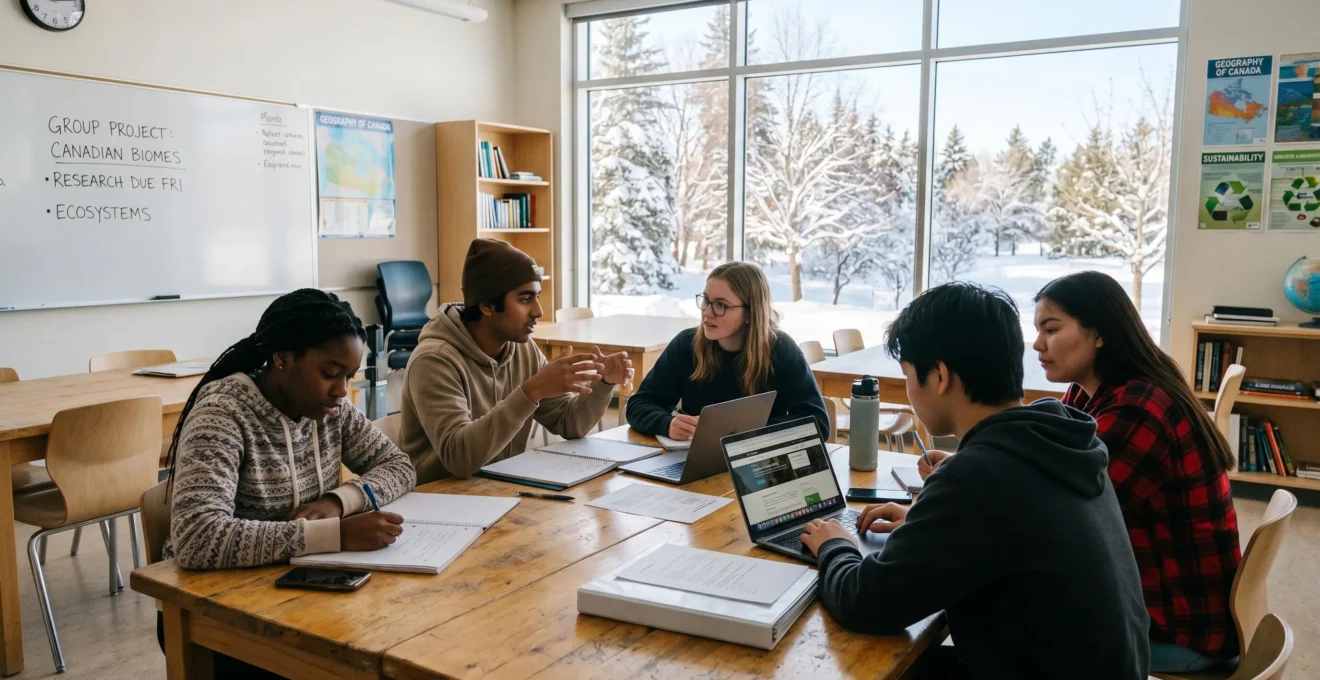 Groupe de lycéens de divers profils assis autour d'une table dans une classe lumineuse d'un lycée canadien moderne, travaillant ensemble sur ordinateurs et cahiers, avec paysage enneigé visible par les fenêtres en arrière-plan
