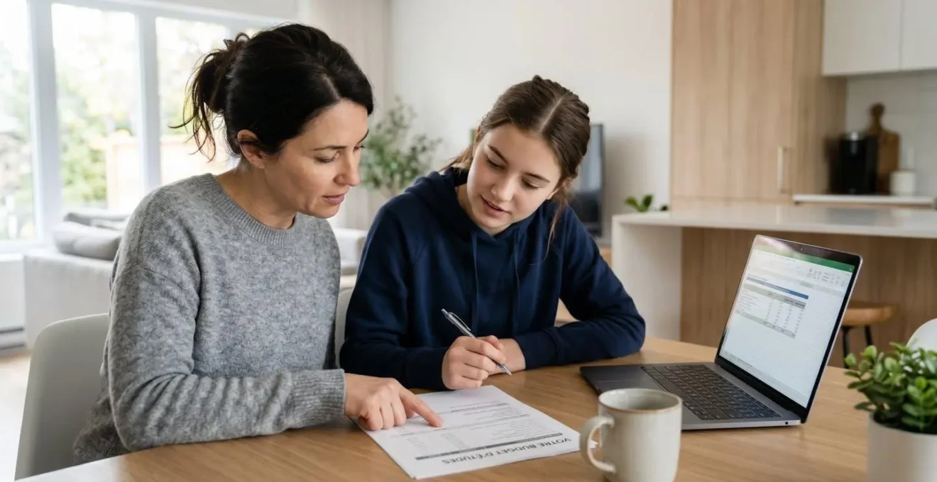 Lycéen et parent assis côte à côte à une table contemporaine, penchés ensemble sur un document budgétaire papier avec ordinateur portable ouvert à côté, dans un intérieur canadien moderne éclairé par lumière naturelle