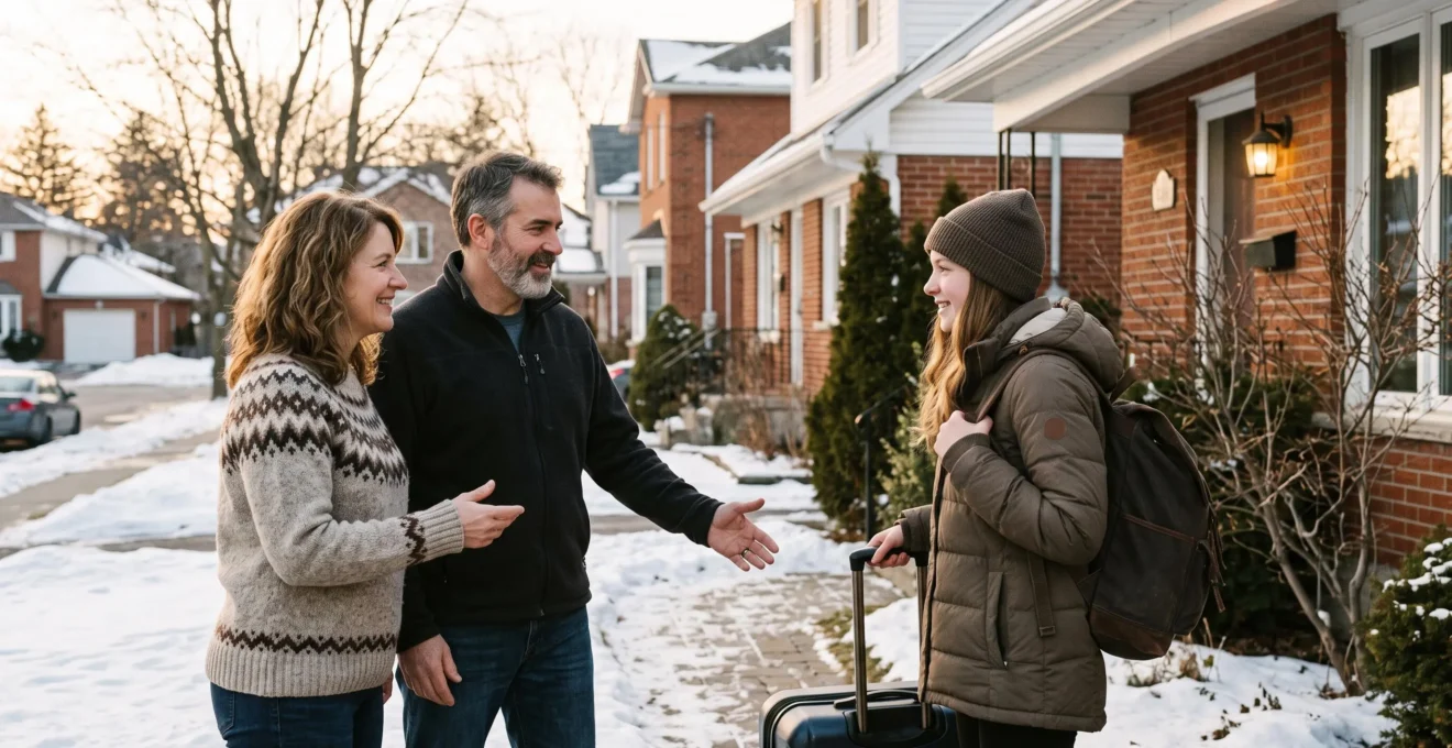 Famille d'accueil canadienne souriant et saluant de la main un lycéen international avec sac à dos et valise à l'entrée de leur maison résidentielle en climat froid canadien
